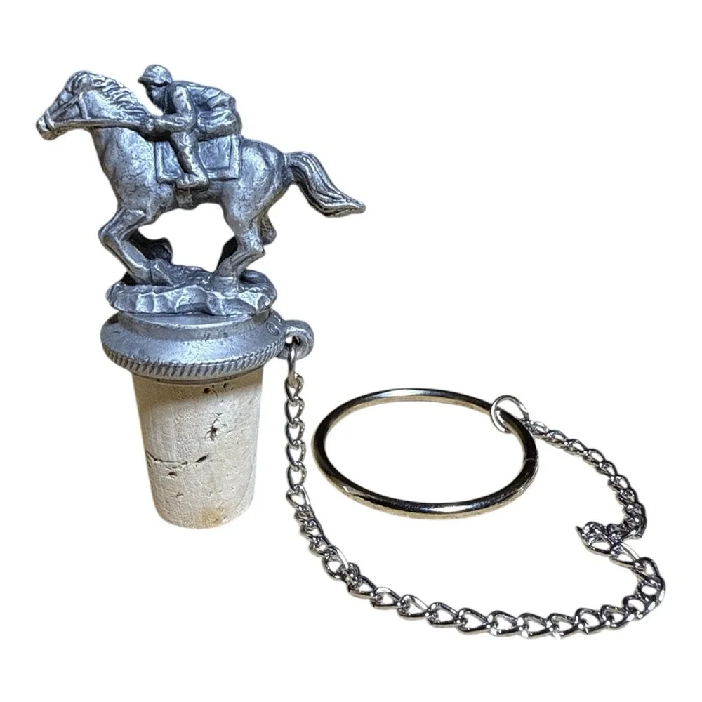 Vintage Pewter Race Horse with‎ Jockey Wine Bottle Cork Stopper with Neck Ring.